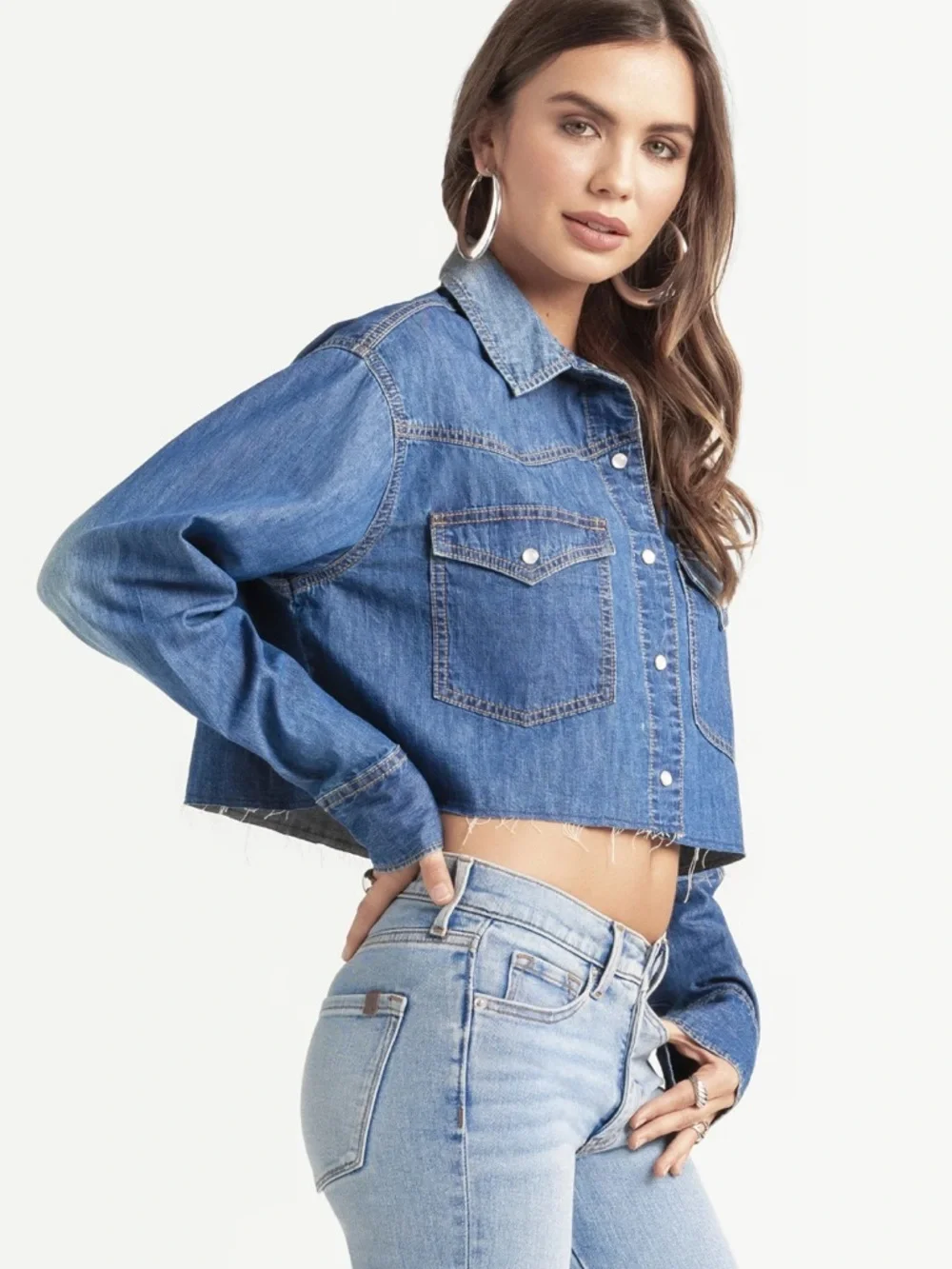 Cropped Blue Denim shirt - Women's Denim Coat - Picture 2 of 6